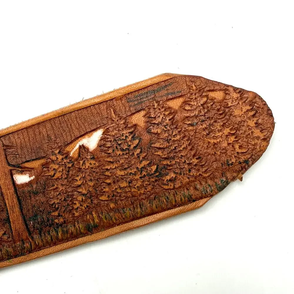 Tooled Leather Western Belt 42 Elk Bear Eagle Wildlife Nature Scene Oval Buckle